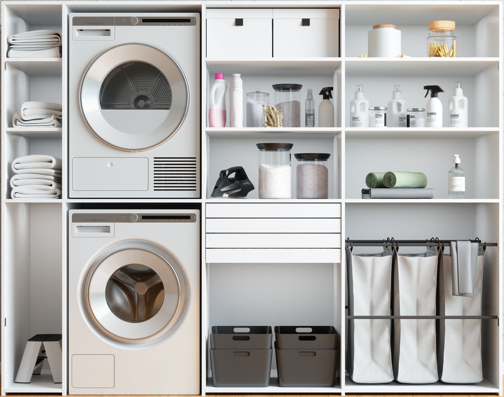 Washing Machine, Dryer, Laundry Basket, Folded Towels And Laundry Detergent In White Cabinet.